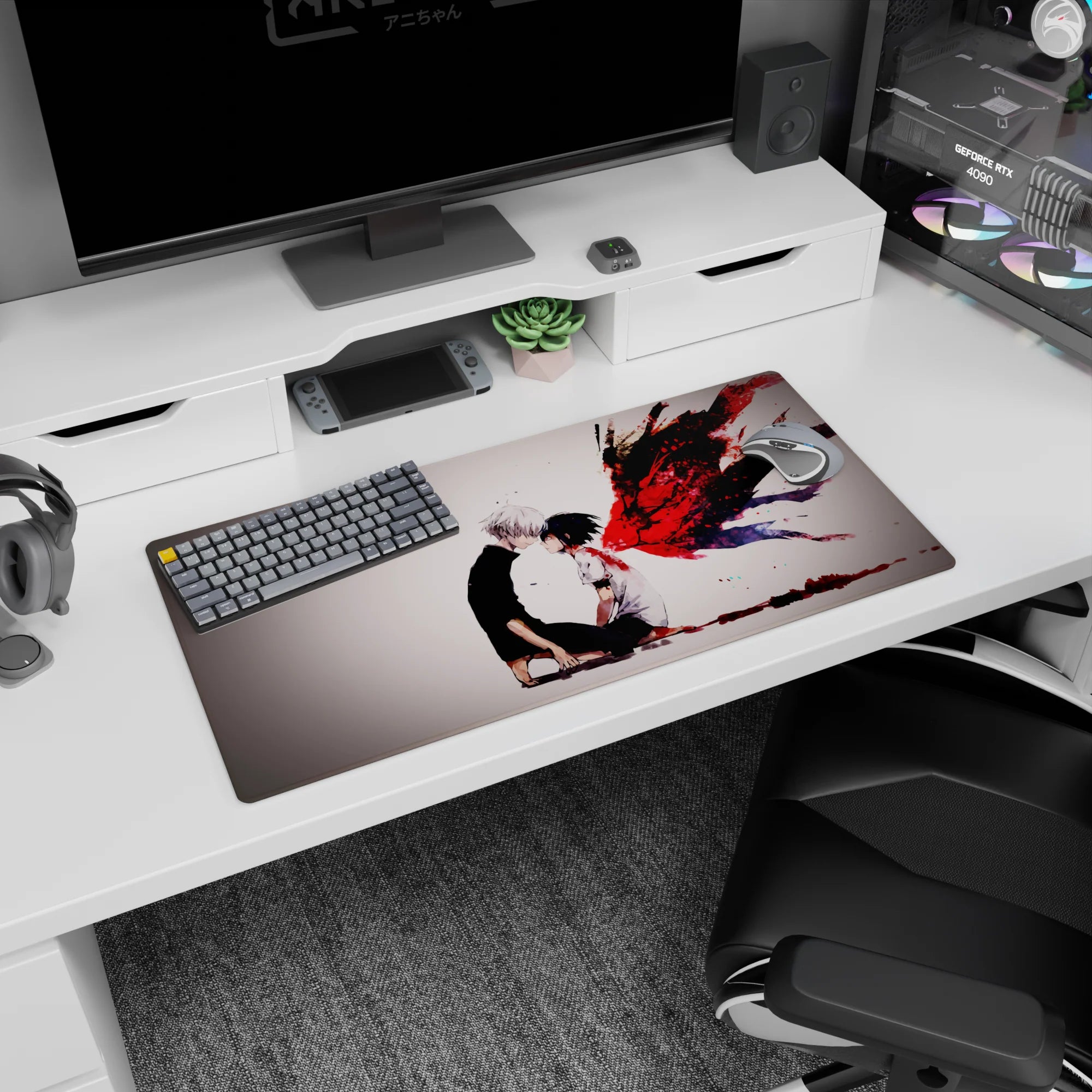 Anime mouse pad 32x16 inches featuring Kaneki and Touka from Tokyo Ghoul, with a dramatic red and washed-out backdrop.