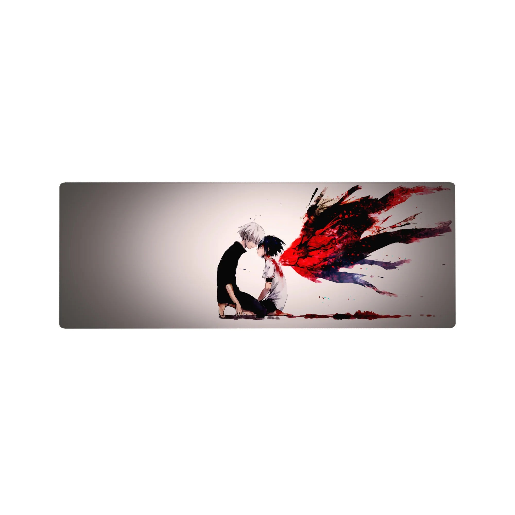 Anime mouse pad 32x12 inches featuring Kaneki and Touka from Tokyo Ghoul, with crimson kagune and intense emotional scene.