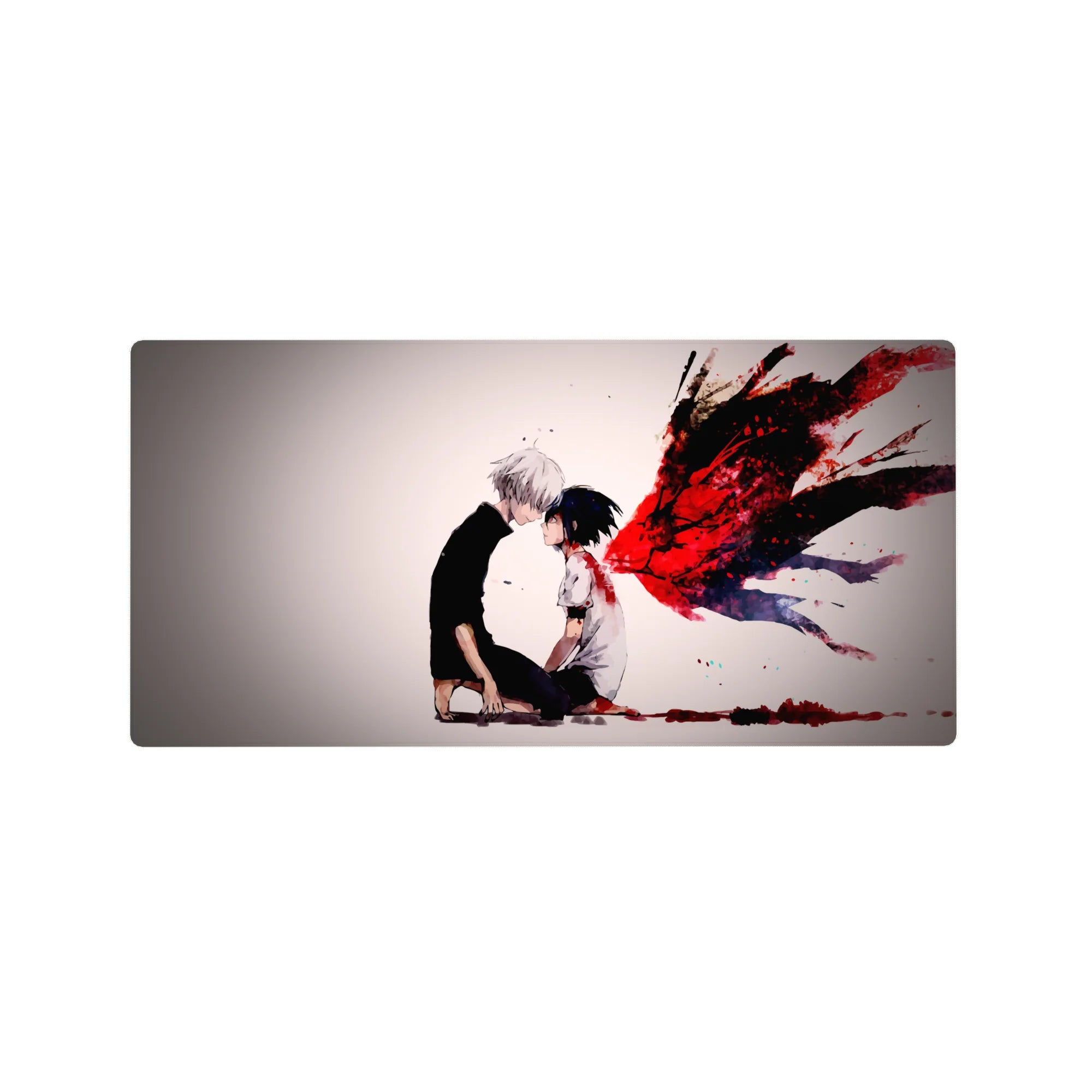Anime mouse pad 32x16 inches featuring Kaneki and Touka from Tokyo Ghoul, blood-soaked with her kagune in crimson chaos.