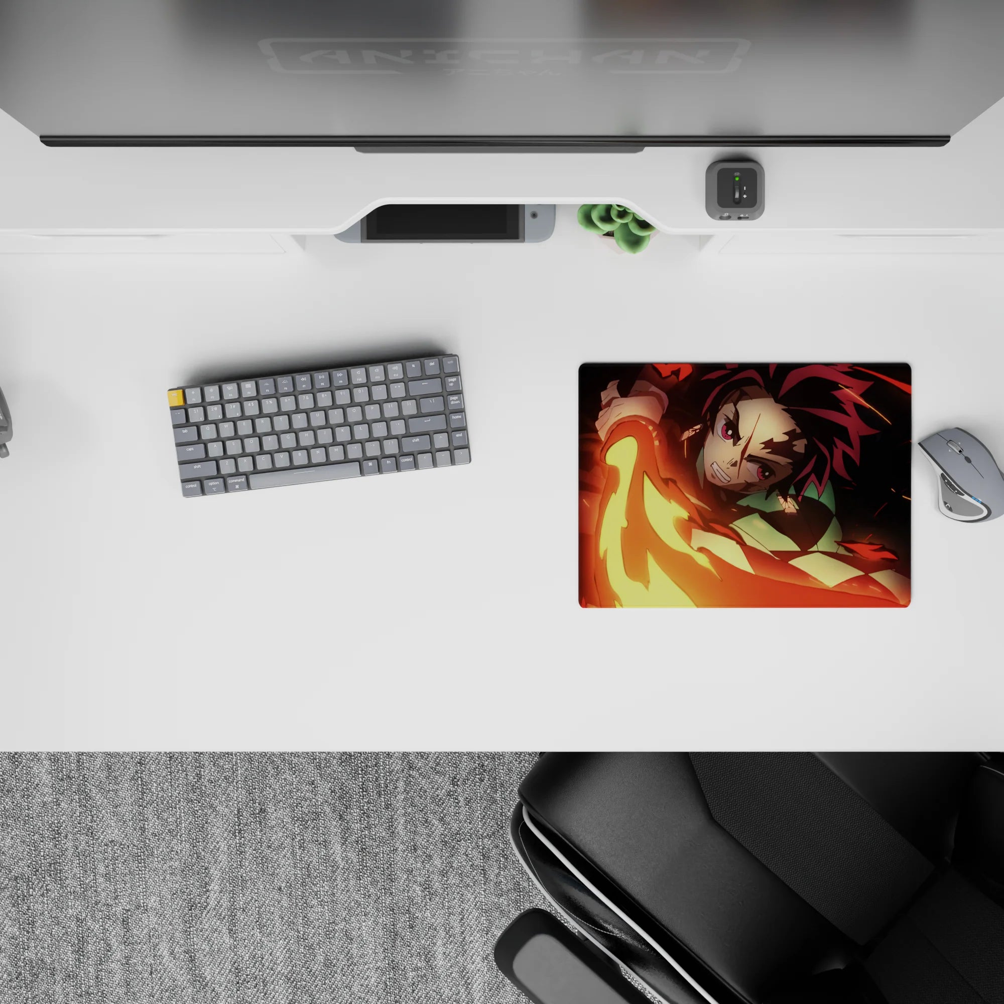 Tanjiro from Demon Slayer unleashing fiery sword swing on 14x10 inch anime mouse pad, vivid reds and golds on black.