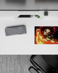 Tanjiro from Demon Slayer unleashing fiery sword swing on 14x10 inch anime mouse pad, vivid reds and golds on black.