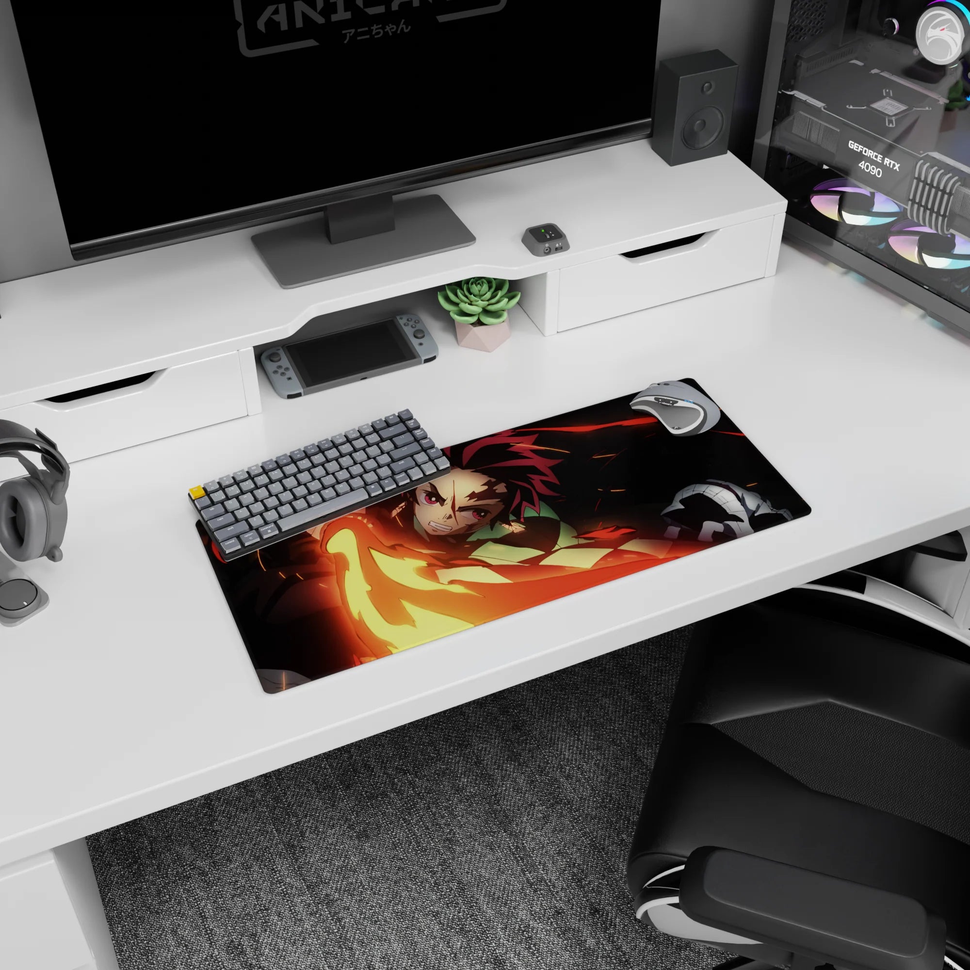 Anime mouse pad 28x12 inches featuring Tanjiro from Demon Slayer, sword blazing in fiery reds and golds, intense action.