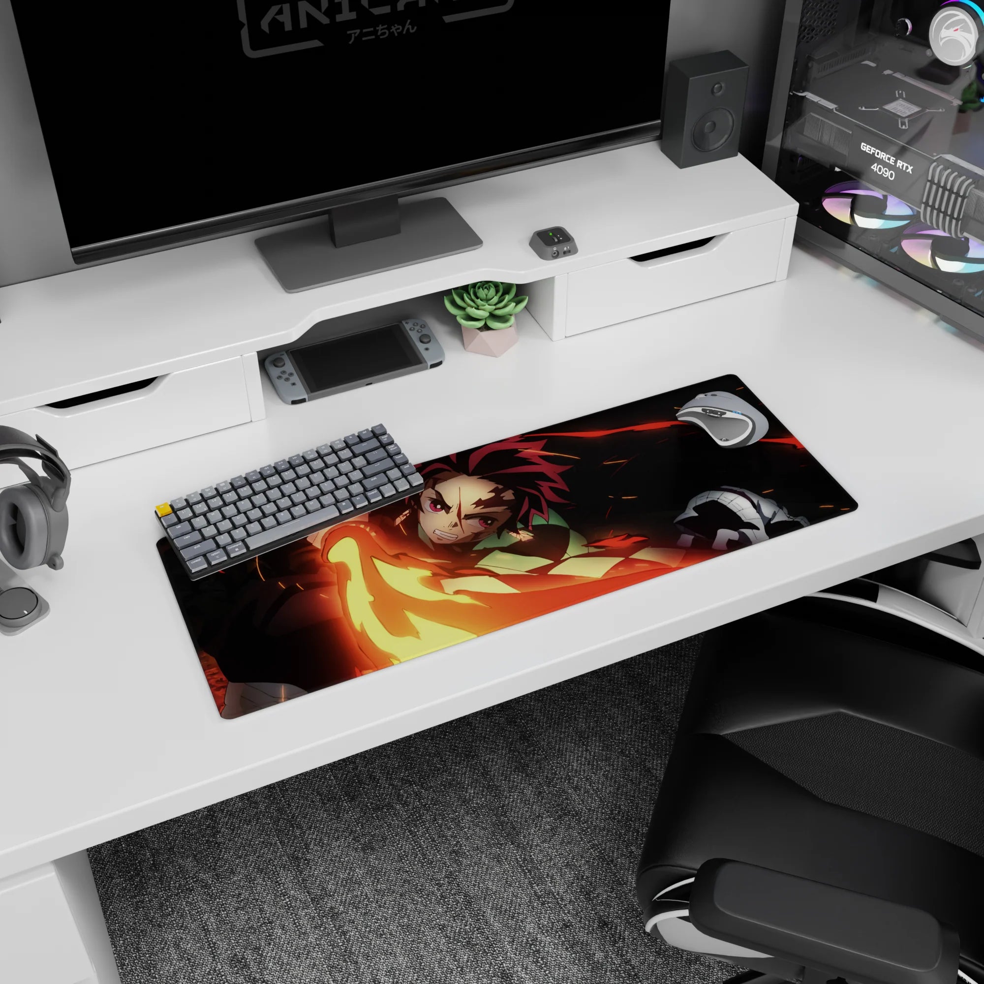 Tanjiro from Demon Slayer unleashes fiery sword arc on 32x12 inch anime mouse pad in vivid reds and golds against black.