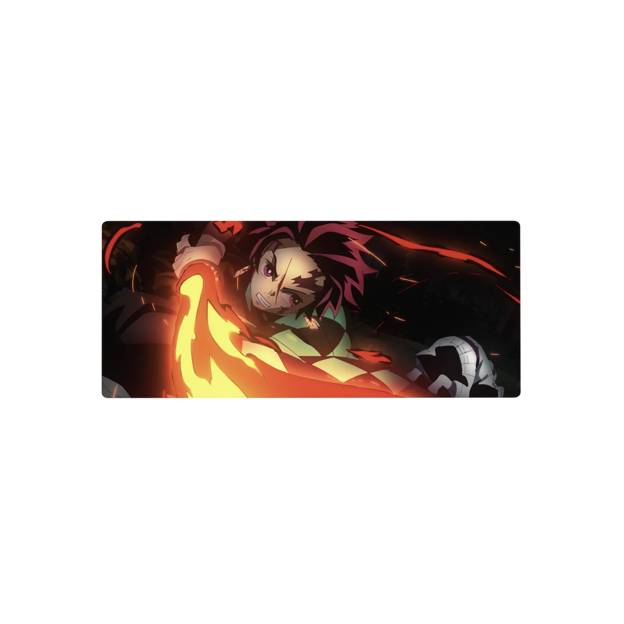 Anime mouse pad 28x12 inches featuring Tanjiro from Demon Slayer, sword mid-swing with fiery reds, golds, and embers.