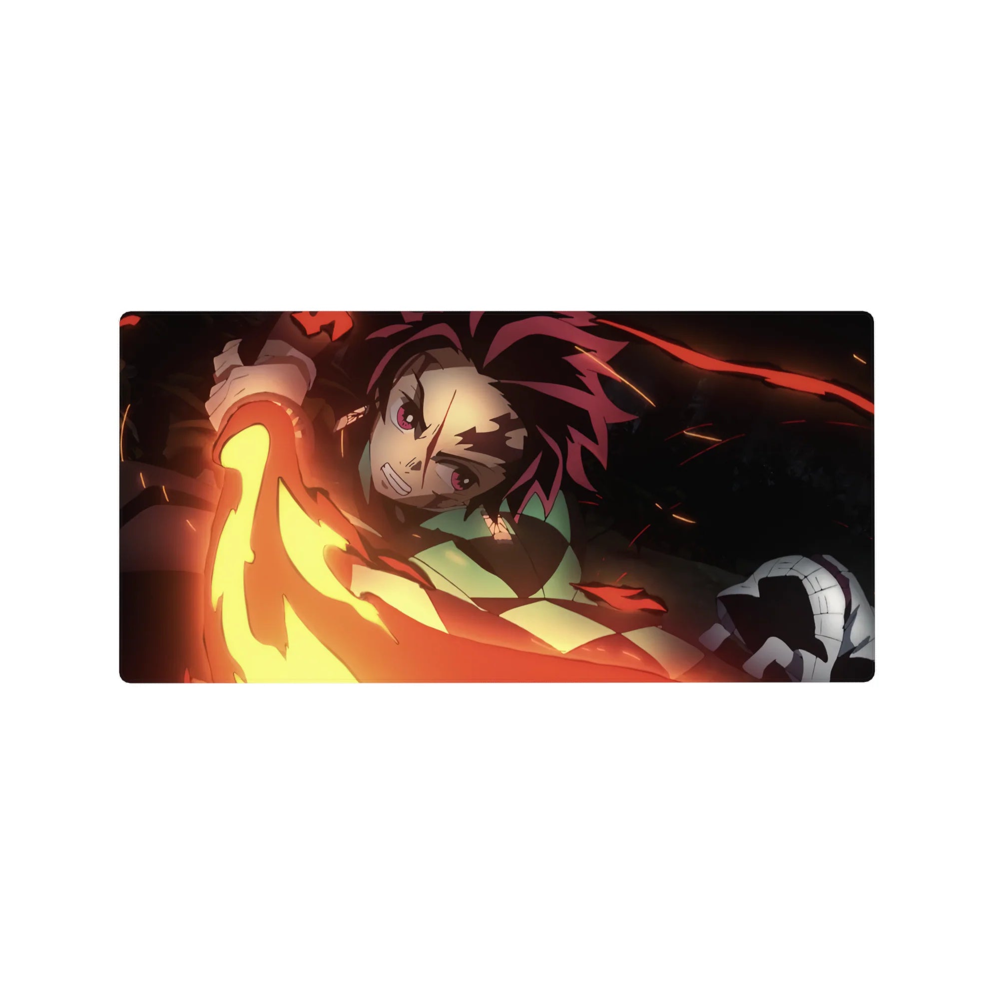Tanjiro from Demon Slayer swings fiery sword, red and gold, on 32x16 inch anime mouse pad. Background fades to black.