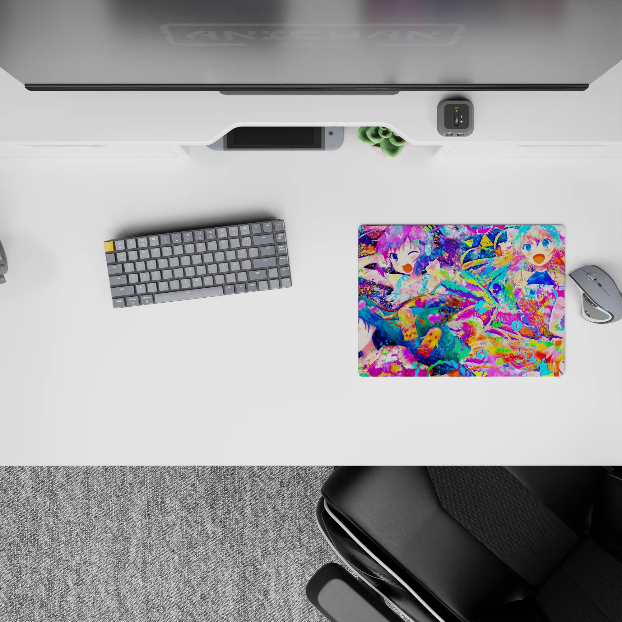 Neon candy-splash anime girl mouse pad 14x10 inches in hot pink, aqua, and lemon yellow confetti.