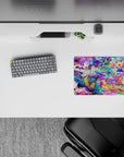 Neon candy-splash anime girl mouse pad 14x10 inches in hot pink, aqua, and lemon yellow confetti.