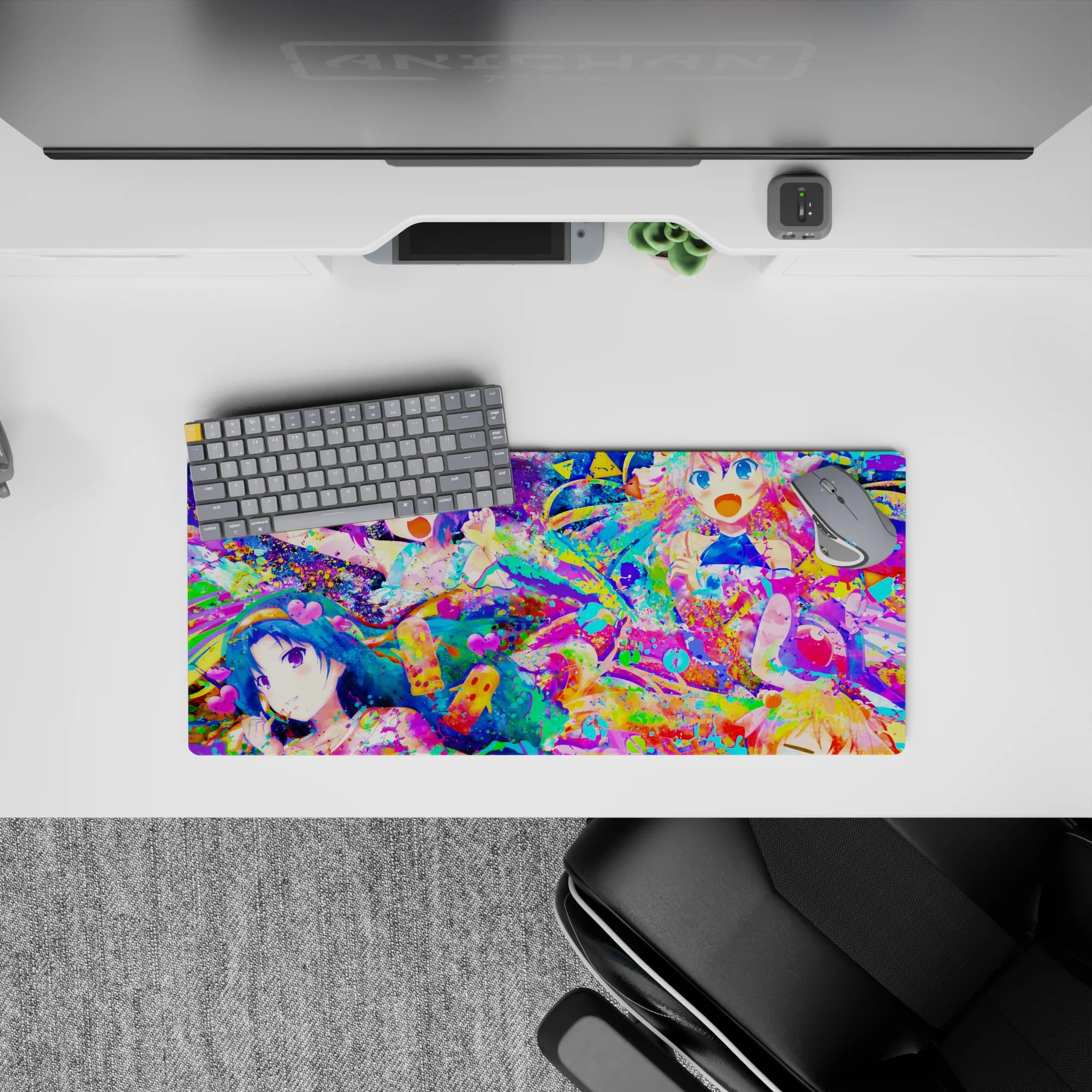 28x12 inches neon hot pink, aqua, and lemon yellow anime mouse pad with playful candy-splash chaos.