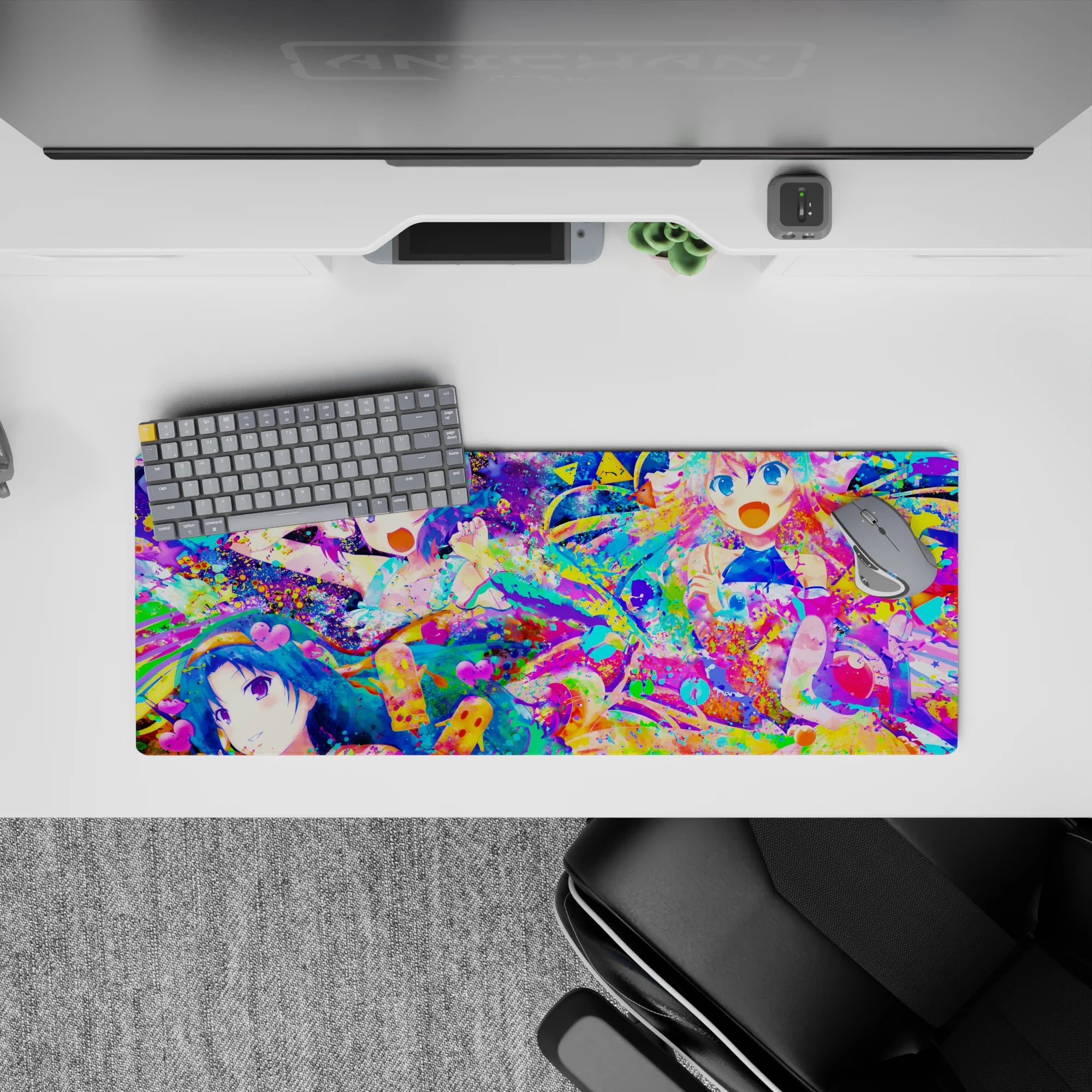 32x12 inches anime girl mouse pad in hot pink, aqua, and lemon yellow confetti for playful idol vibes.