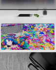 32x16 inches anime girl mouse pad in hot pink, aqua, and lemon yellow splatter art with playful idol vibe.