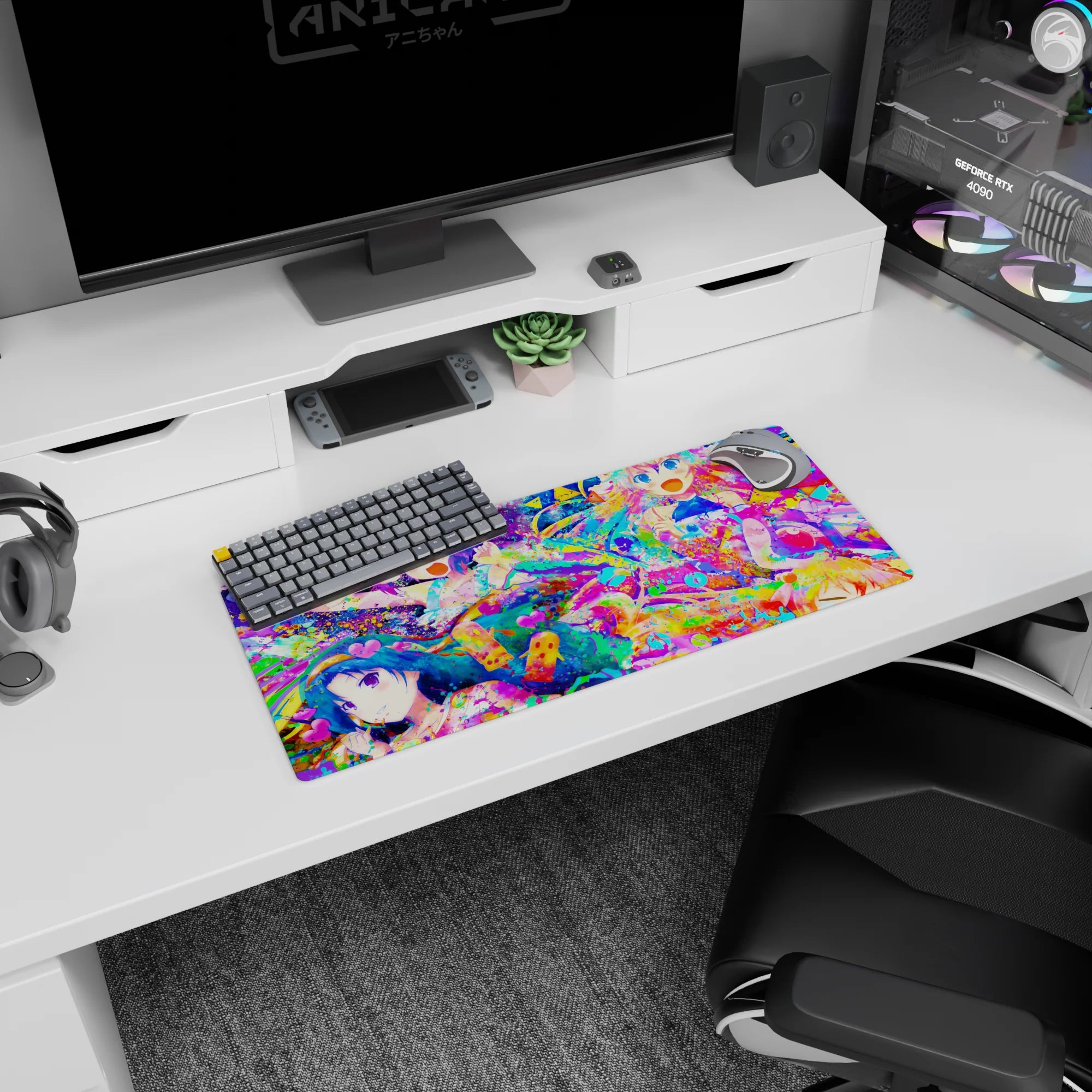28x12 inches desk mouse pad showing four laughing anime girls in neon paint bursts with confetti.