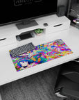28x12 inches desk mouse pad showing four laughing anime girls in neon paint bursts with confetti.