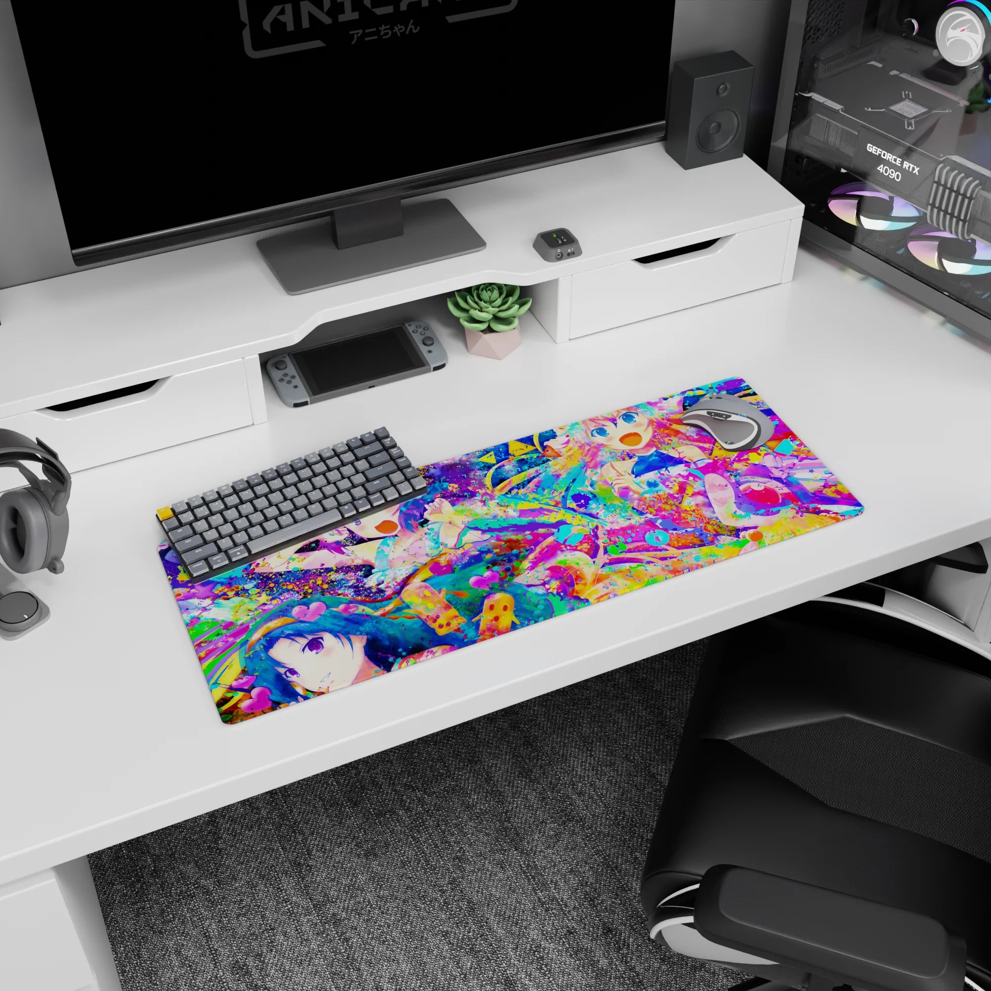 32x12 inches anime girl mouse pad showing four laughing anime girls amid candy-like neon splatter art.