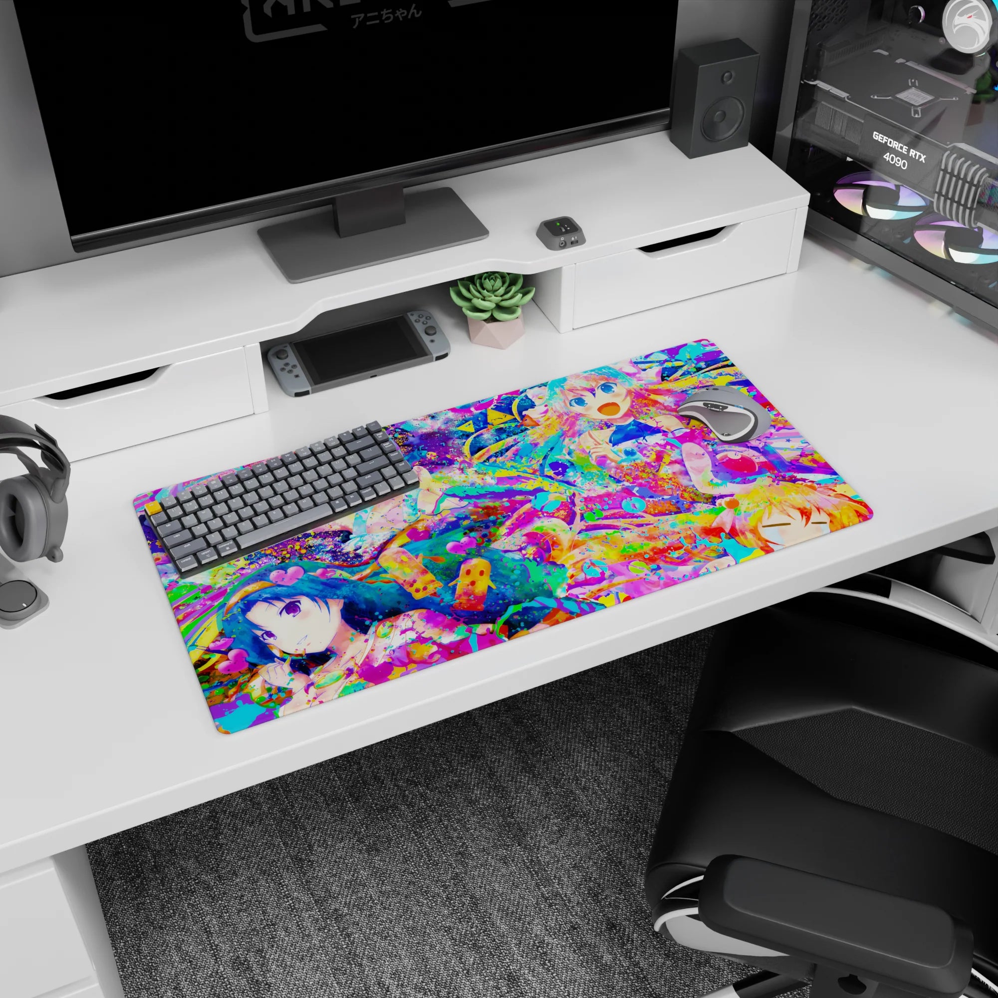 32x16 inches anime girl mouse pad showing four laughing anime girls in a candy-splash scene with confetti dots.