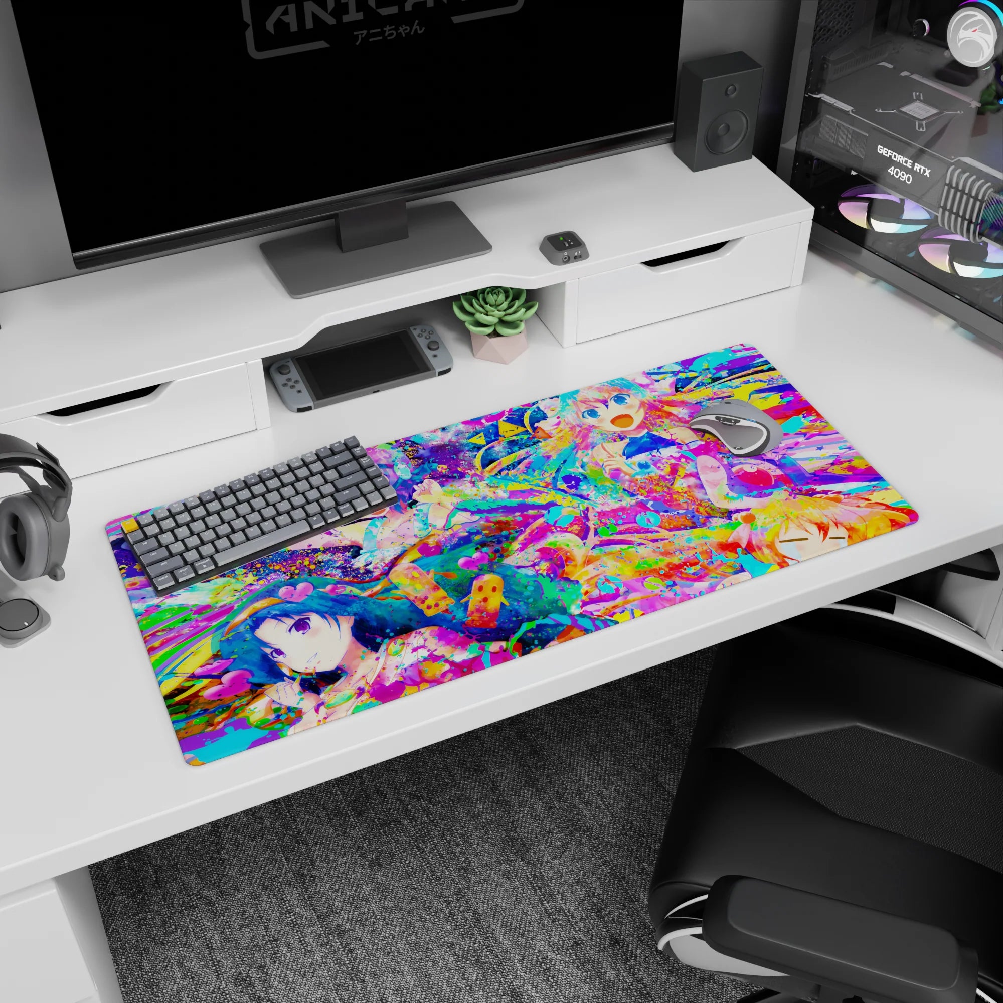 36x16 inches anime girl mouse pad showing four cute girls laughing through bright paint bursts and sparkles.