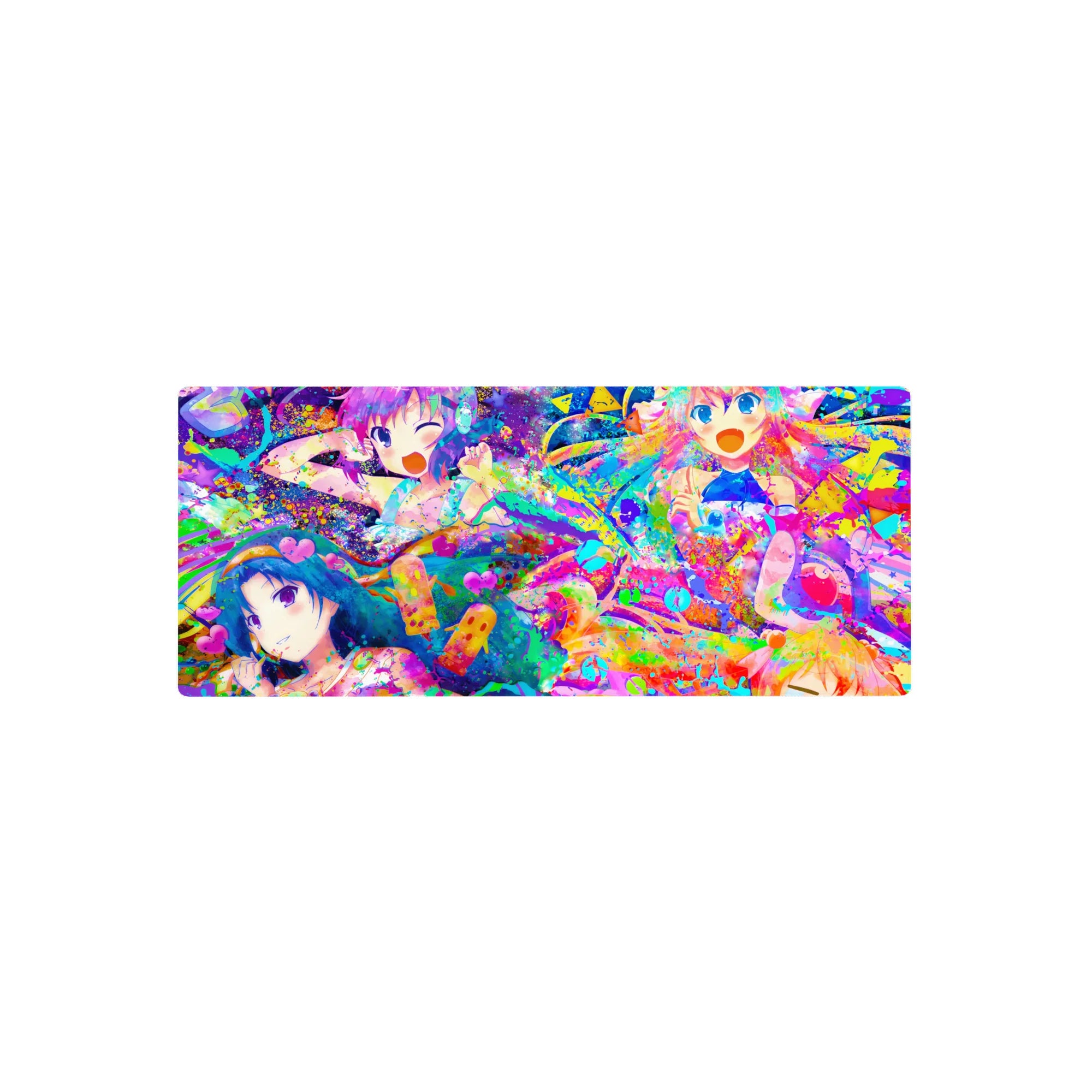 28x12 inches anime girl mouse pad with four cute idol-style girls, hearts, stars, and paint splashes.