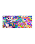 28x12 inches anime girl mouse pad with four cute idol-style girls, hearts, stars, and paint splashes.