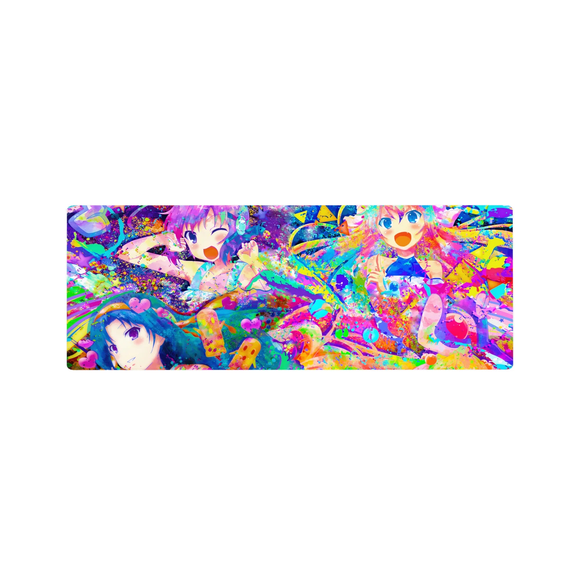 32x12 inches anime girl mouse pad with four cute anime girls and neon paint splashes, hearts and stars.