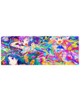 32x12 inches anime girl mouse pad with four cute anime girls and neon paint splashes, hearts and stars.