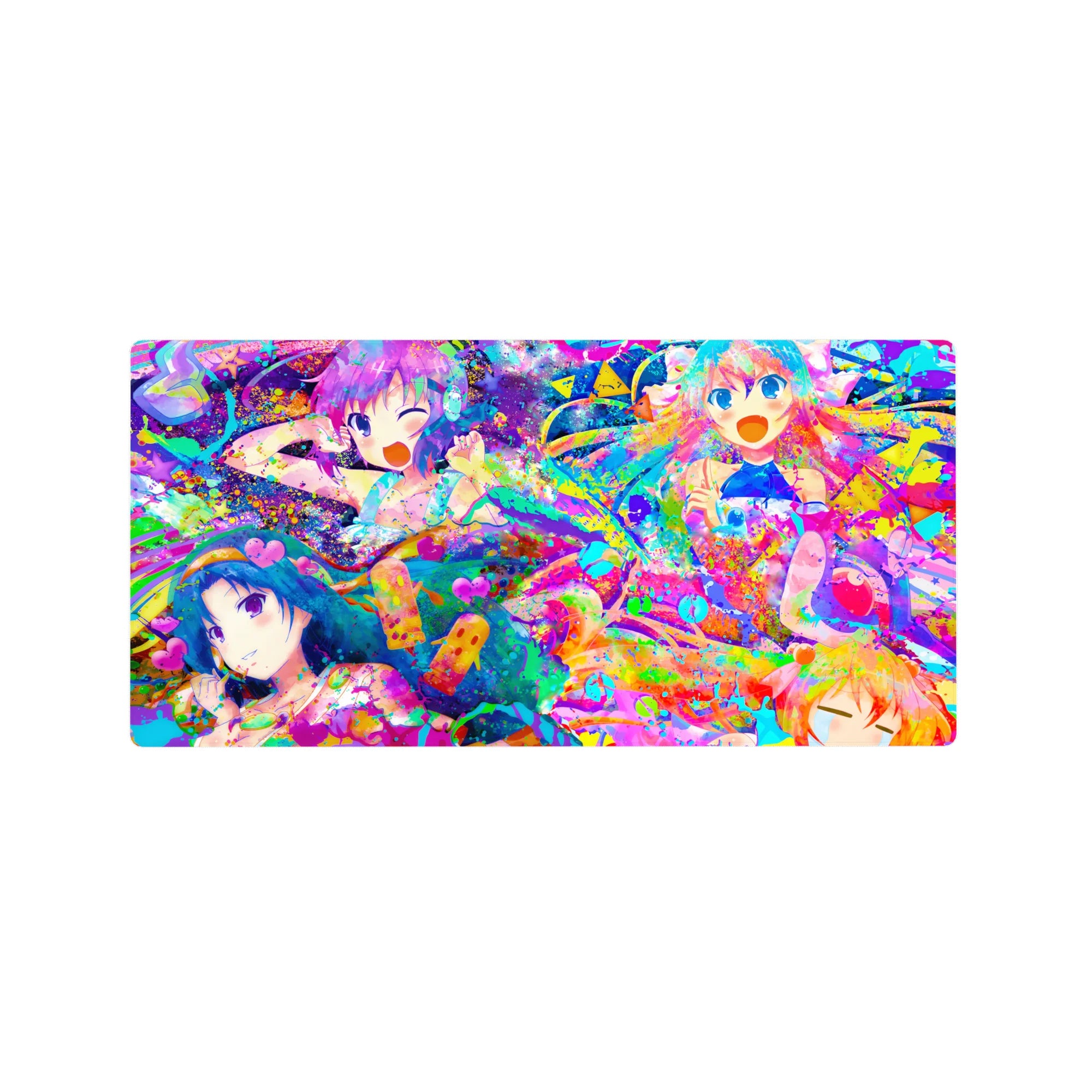 32x16 inches anime girl mouse pad with four cute anime girls and neon paint splashes, hearts and stars.