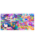 32x16 inches anime girl mouse pad with four cute anime girls and neon paint splashes, hearts and stars.