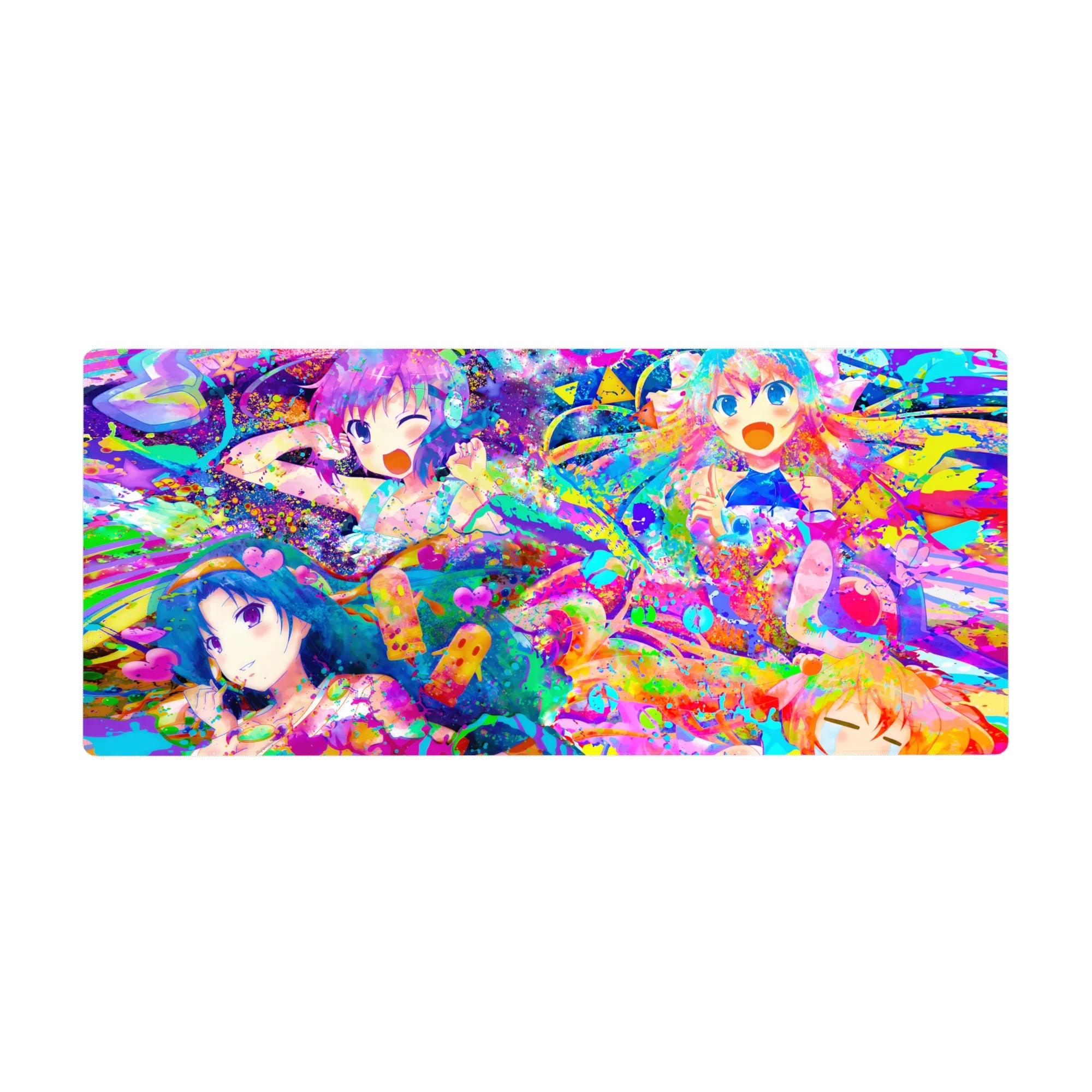 36x16 inches anime girl desk pad with four laughing idols amid neon paint splashes, hearts and stars.