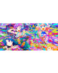36x16 inches anime girl desk pad with four laughing idols amid neon paint splashes, hearts and stars.