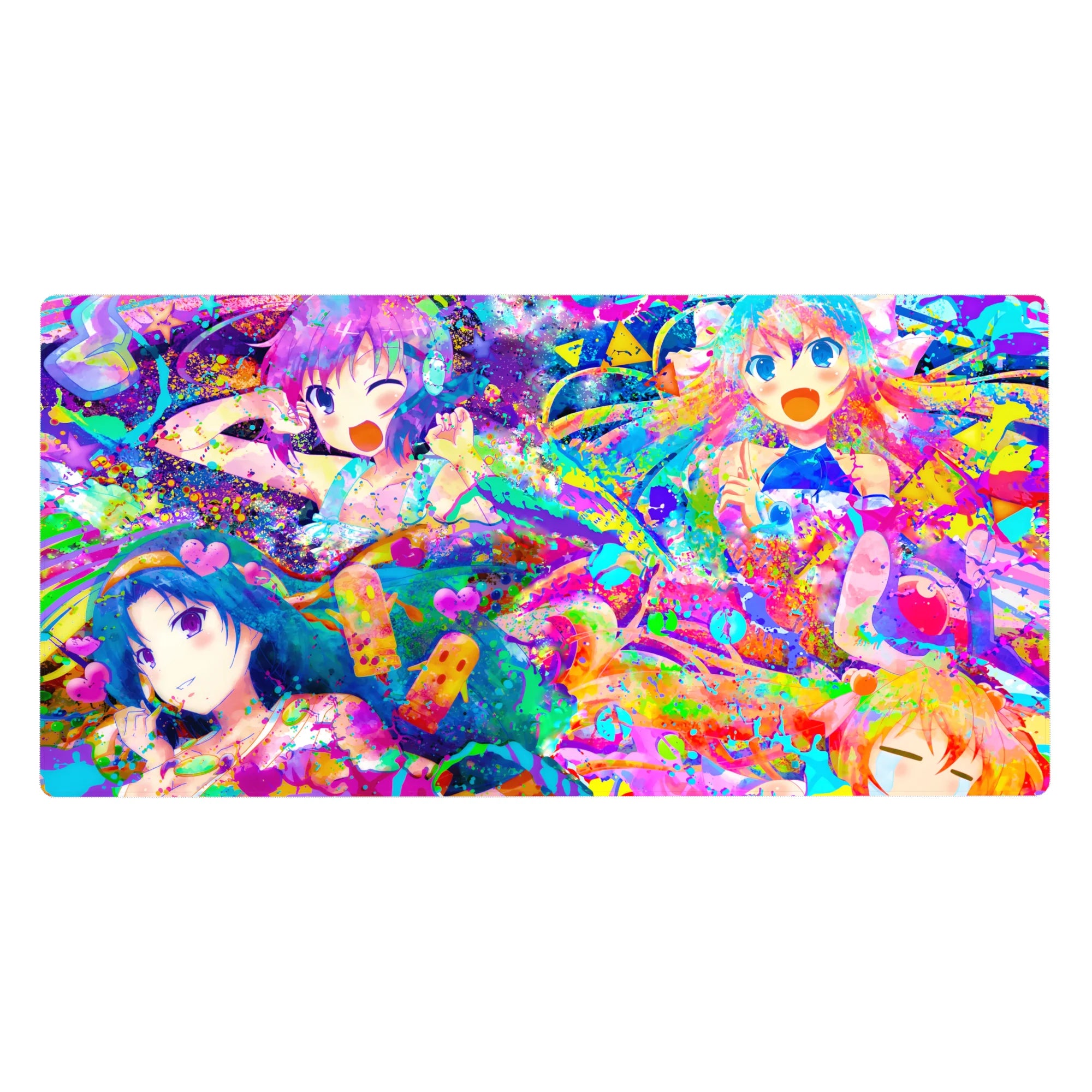 Anime girl desk pad 40x20 inches with four cute idols in neon paint splashes, hearts, stars, confetti.
