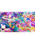 Anime girl desk pad 40x20 inches with four cute idols in neon paint splashes, hearts, stars, confetti.