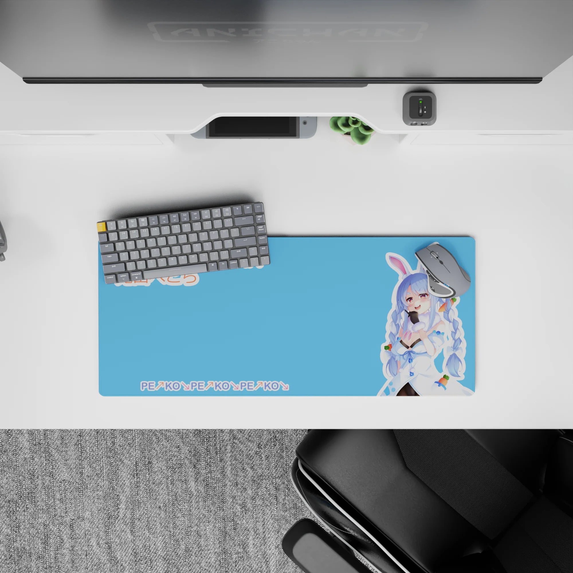 28x12 inches kawaii anime desk mouse pad in bright sky blue with candy pastels, light clean vibes.