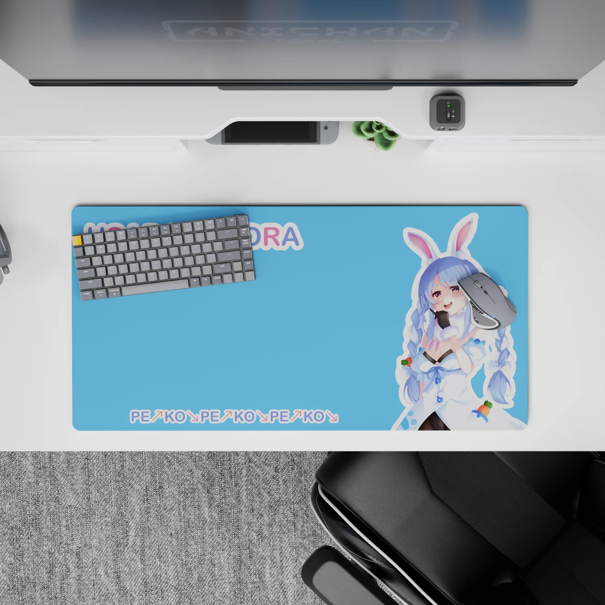32x16 inches cute pastel sky-blue anime desk mat with bright candy letters and playful clean vibes.