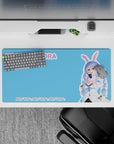 32x16 inches cute pastel sky-blue anime desk mat with bright candy letters and playful clean vibes.
