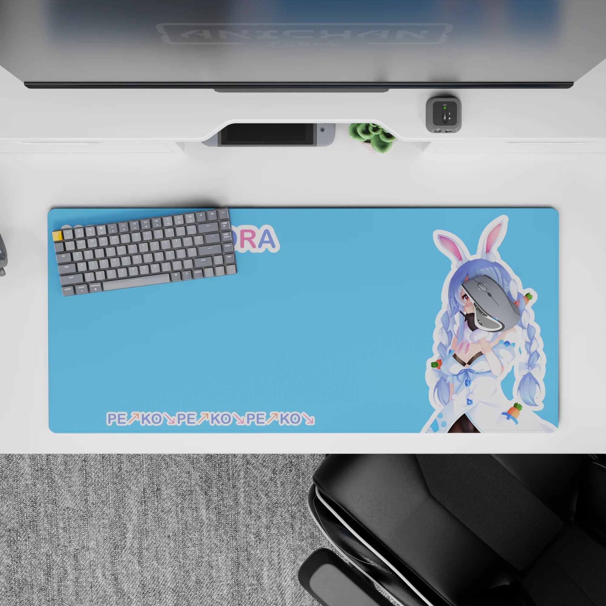 36x16 inches pastel sky-blue desk pad with candy lettering, clean cute vibe, smooth gaming glide.