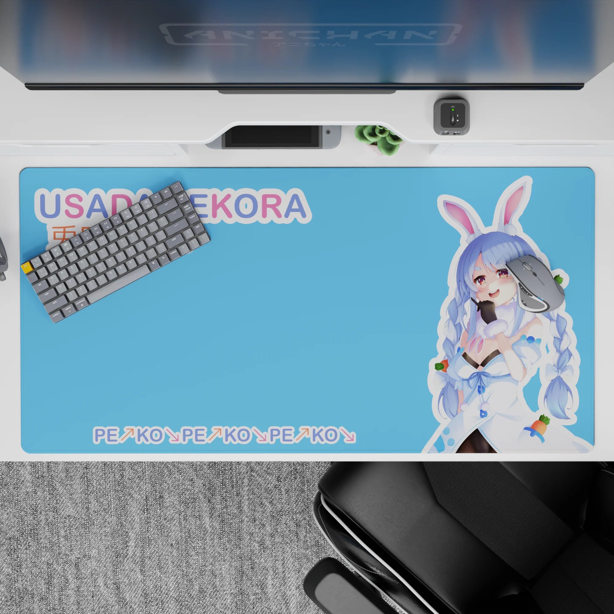 40x20 inches kawaii desk pad in bright sky-blue and candy pastels, light clean vibes with fast glide.