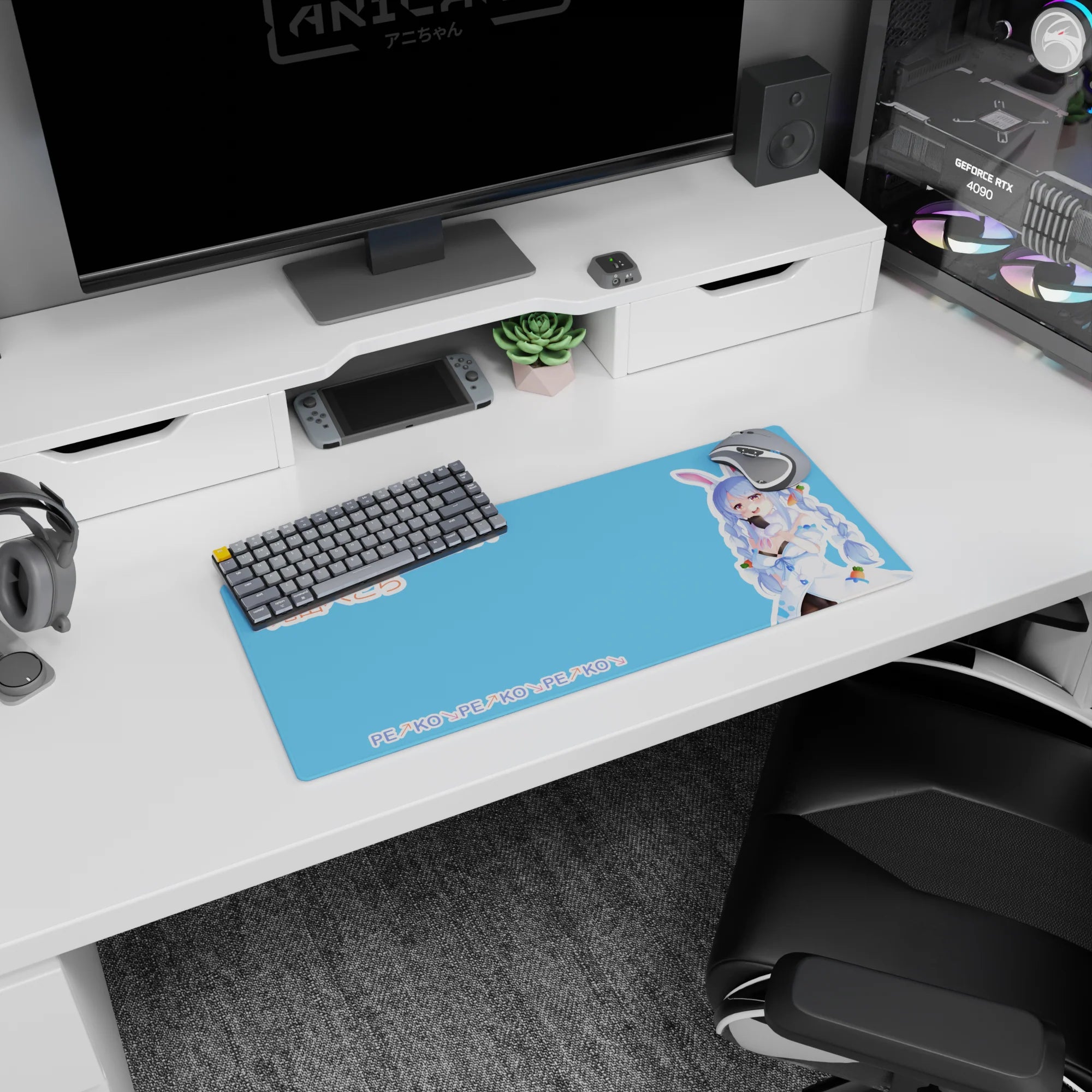 28x12 inches Usada Pekora Hololive mouse pad with bunny ears, cheeky grin, and carrot charms.