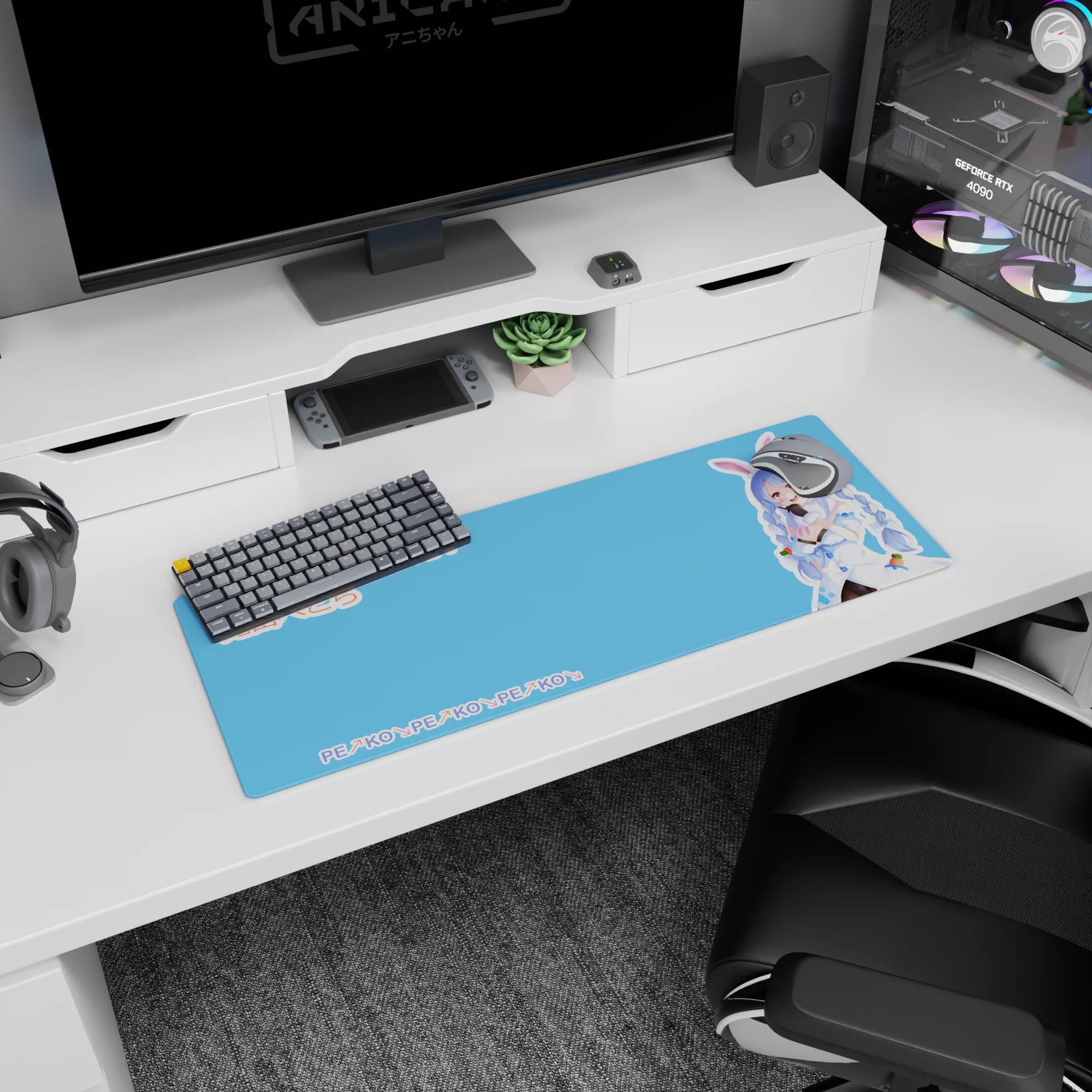 Usada Pekora Hololive anime girl mouse pad, cheeky grin with bunny ears and carrots, 32x12 inches.