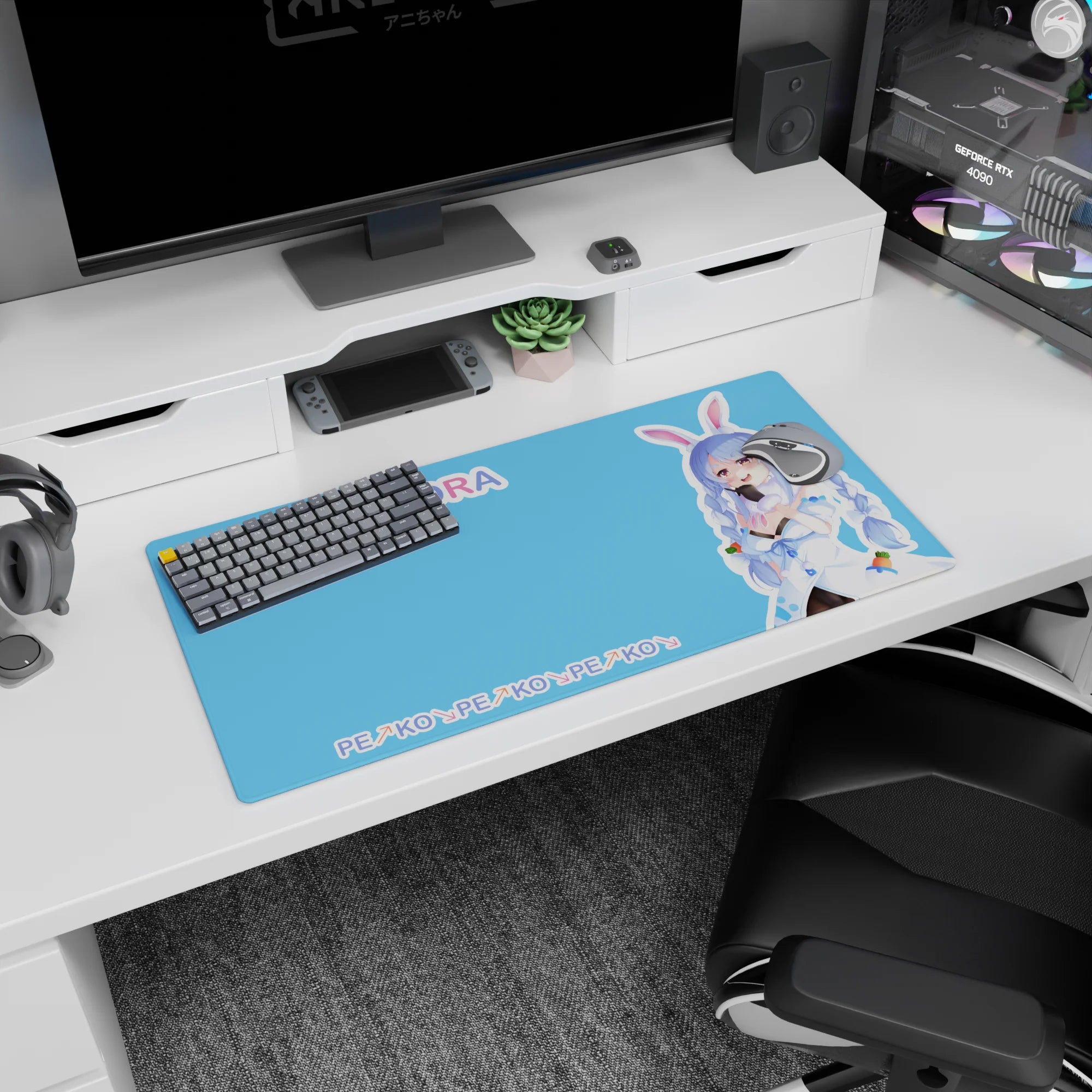 32x16 inches Usada Pekora Hololive anime mouse pad with bunny ears, cheeky grin, and carrot charms.
