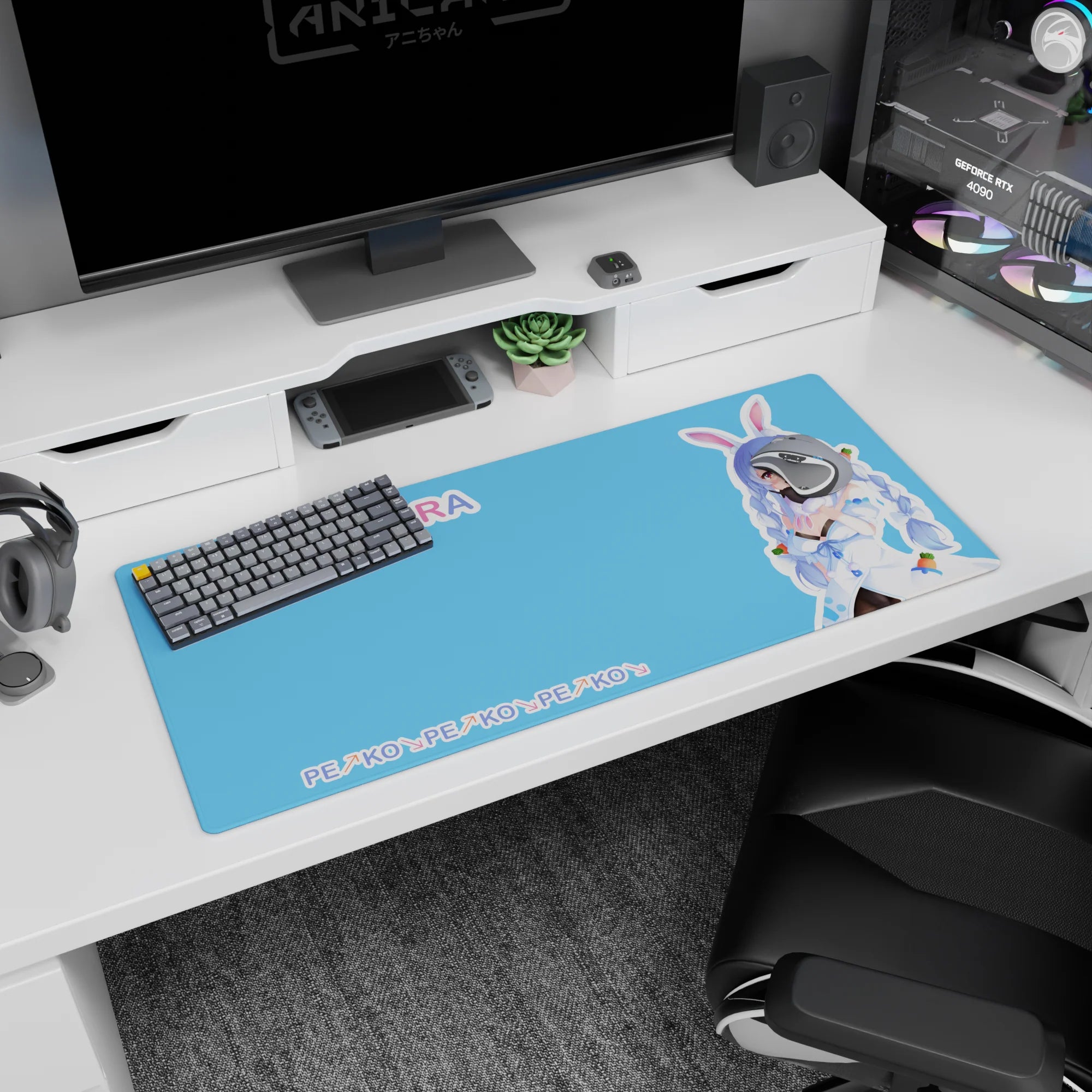 36x16 inches desk pad featuring Usada Pekora grinning mischievously, bunny ears up on a bright backdrop.