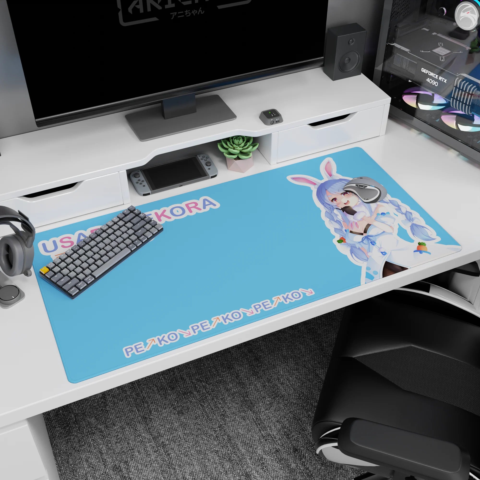 40x20 inches Usada Pekora Hololive desk pad, cheeky grin with bunny ears and carrots, playful gamer look.