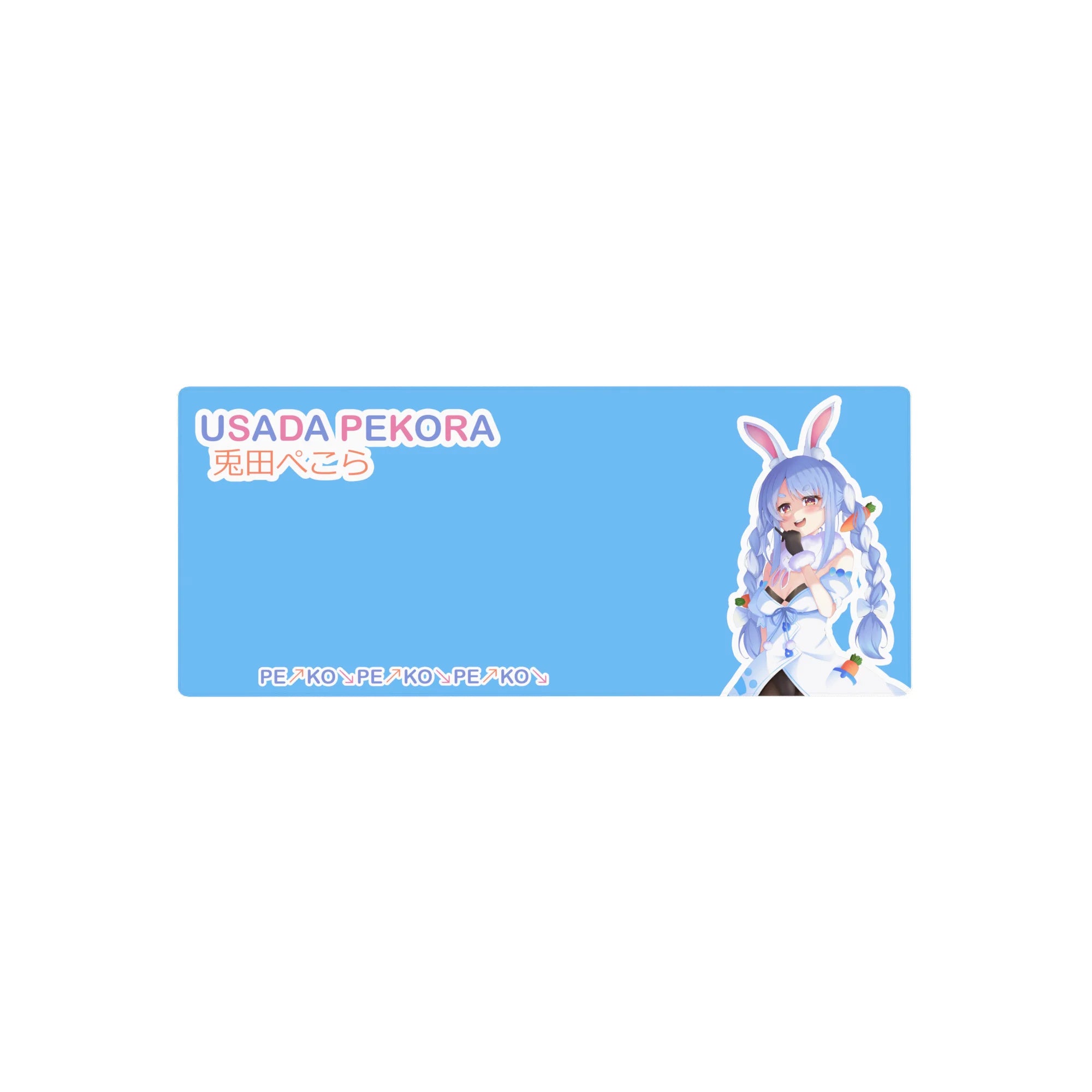 28x12 inches anime girl mouse pad with sky-blue backdrop, pastel lettering, and PEKO PEKO pattern.