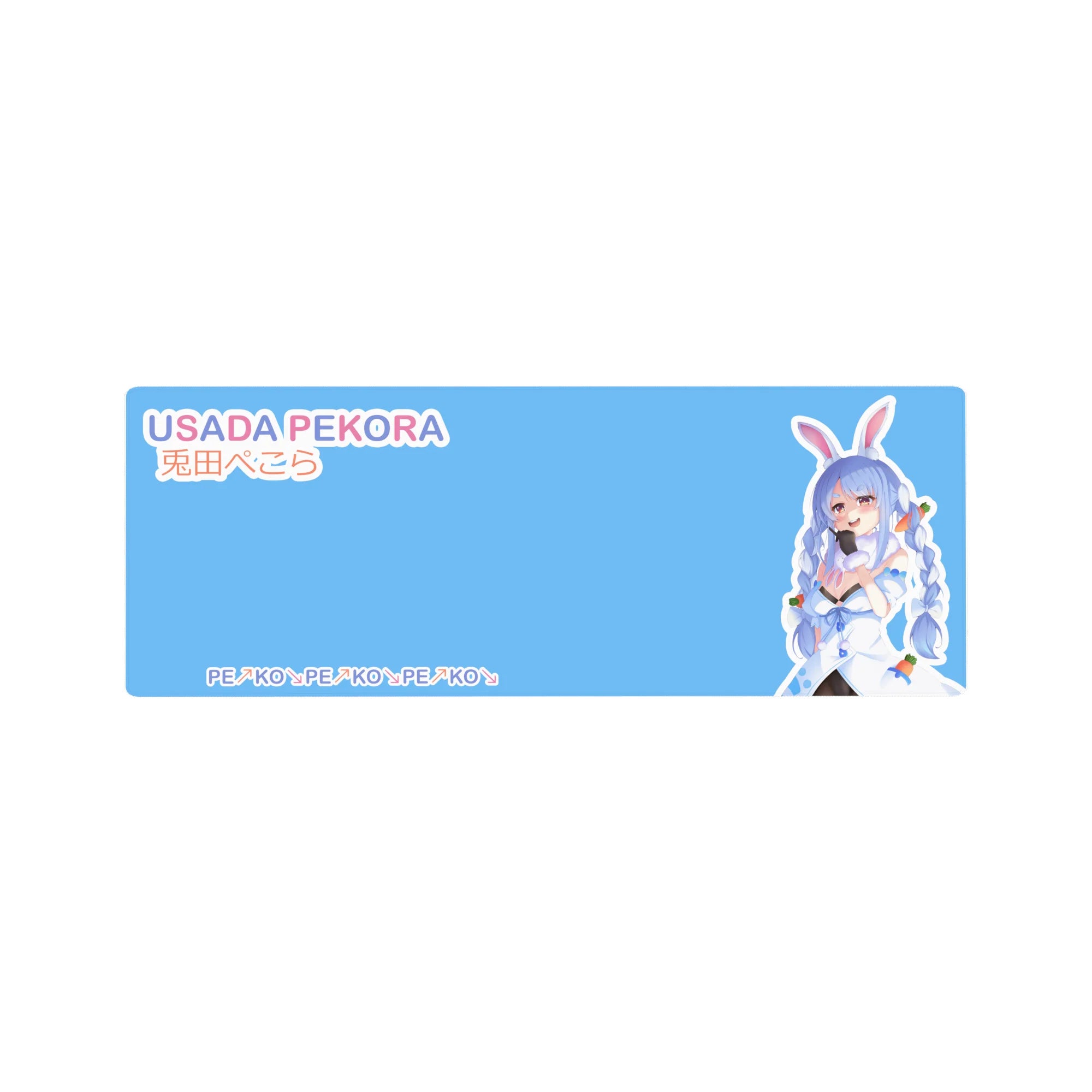Sky-blue pastel letter anime girl mouse pad with bunny ears and carrot charms, 32x12 inches.