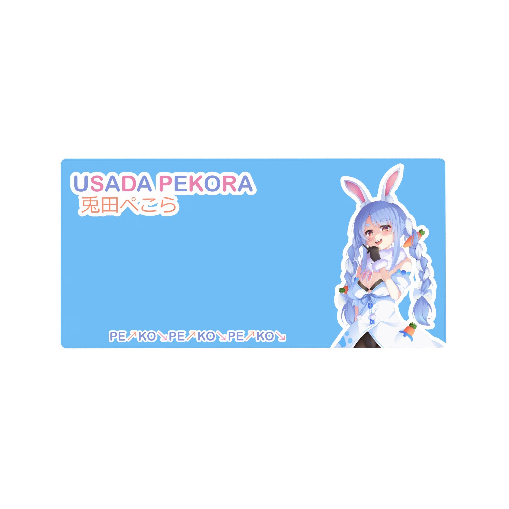 32x16 inches anime girl mouse pad with sky-blue background, pastel lettering, and PEKO PEKO pattern.