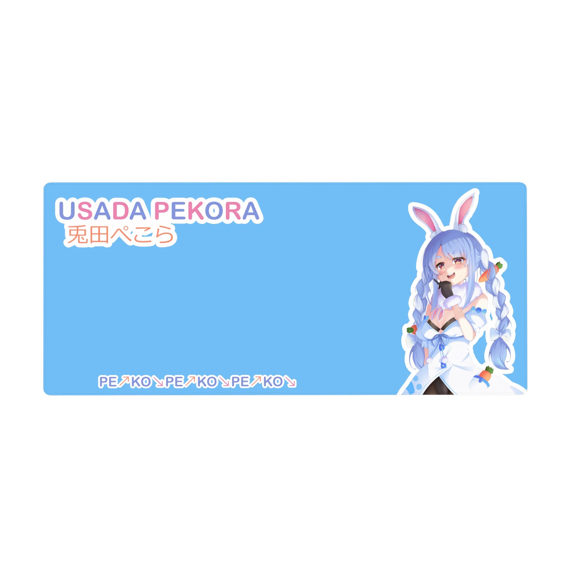 36x16 inches anime girl desk pad with bunny-eared Pekora, carrot charms, and PEKO PEKO pattern.