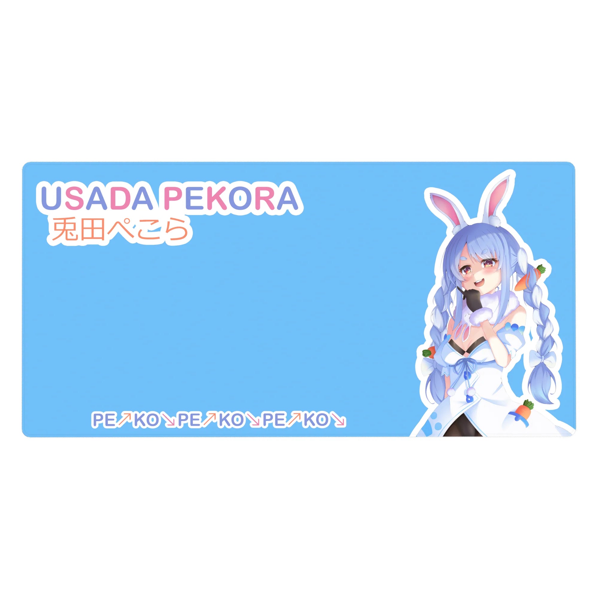 40x20 inches anime girl desk pad with sky-blue pastel lettering, bunny ears, carrot charms, PEKO PEKO pattern.