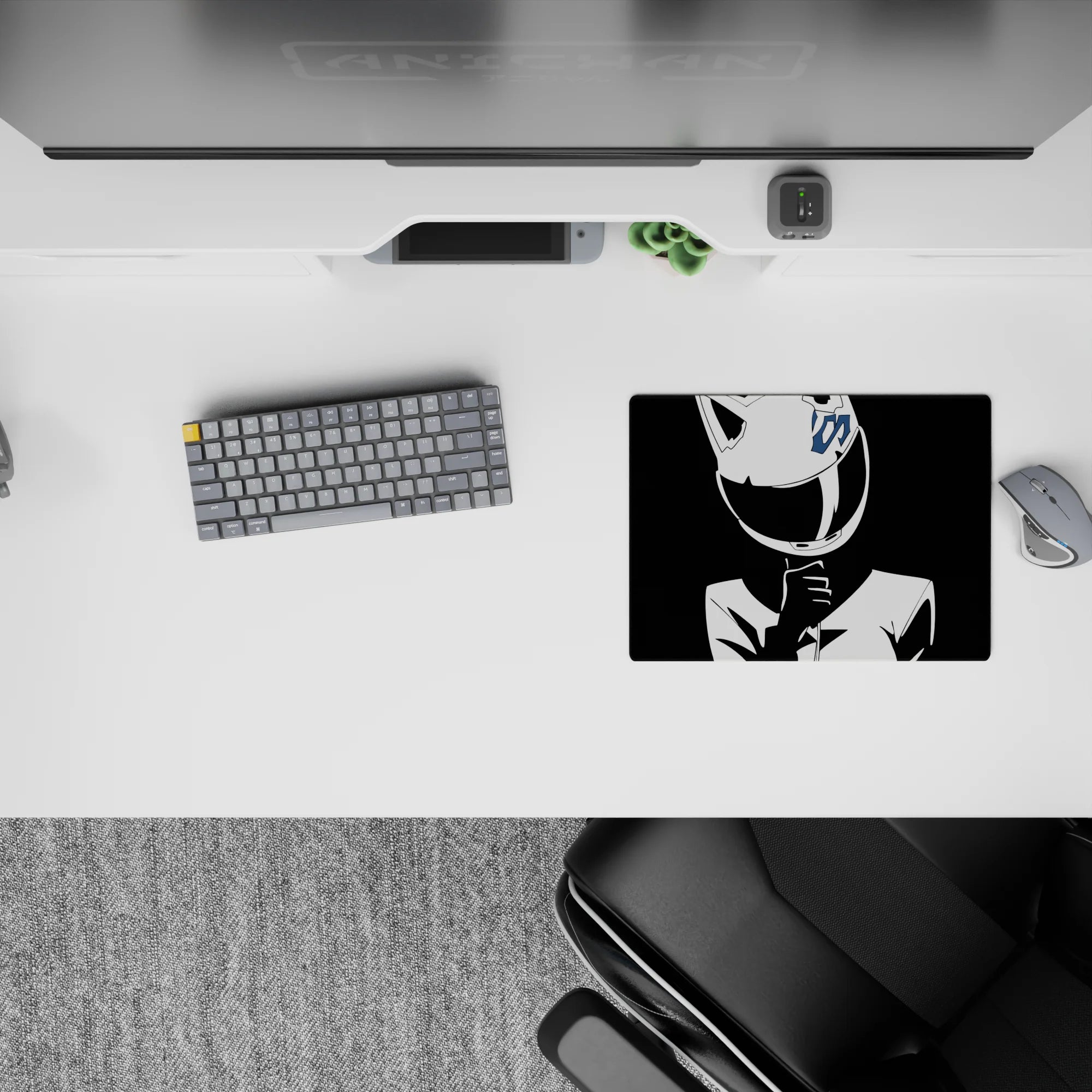 High-contrast black-and-white anime girl mouse pad 14x10 inches, calm daring vibe with sharp blue accent.
