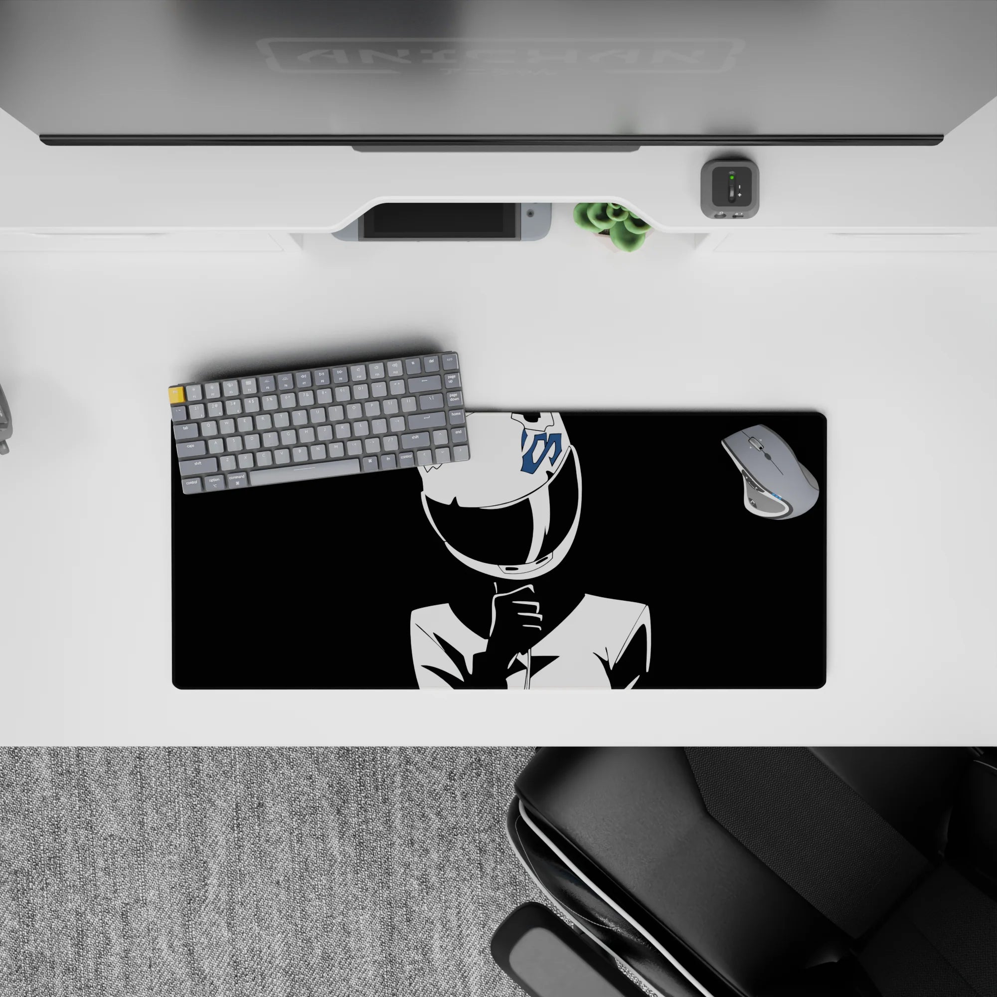 28x12 inches black and white anime desk mat, high-contrast minimalist shadows, calm yet daring vibe.