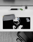 28x12 inches black and white anime desk mat, high-contrast minimalist shadows, calm yet daring vibe.