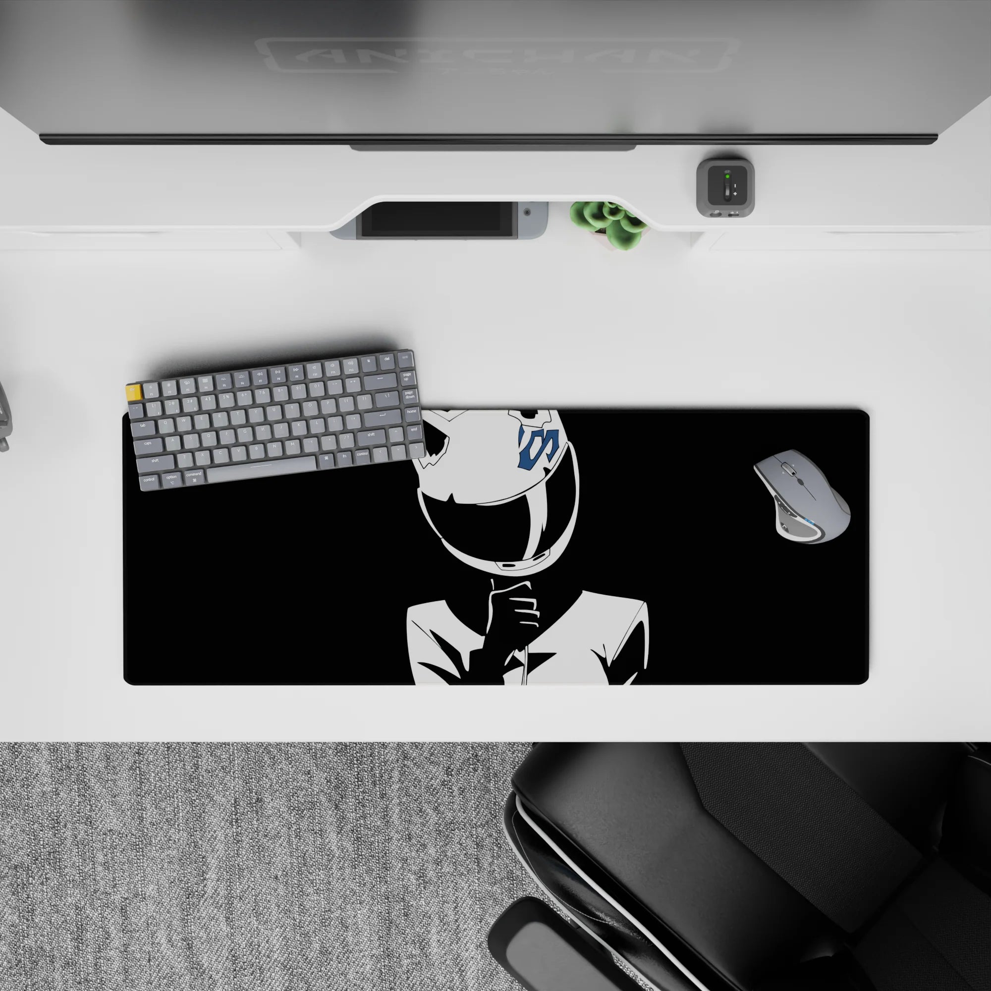 32x12 inches black-and-white anime girl mouse pad, high-contrast minimalist look with a cool daring vibe.