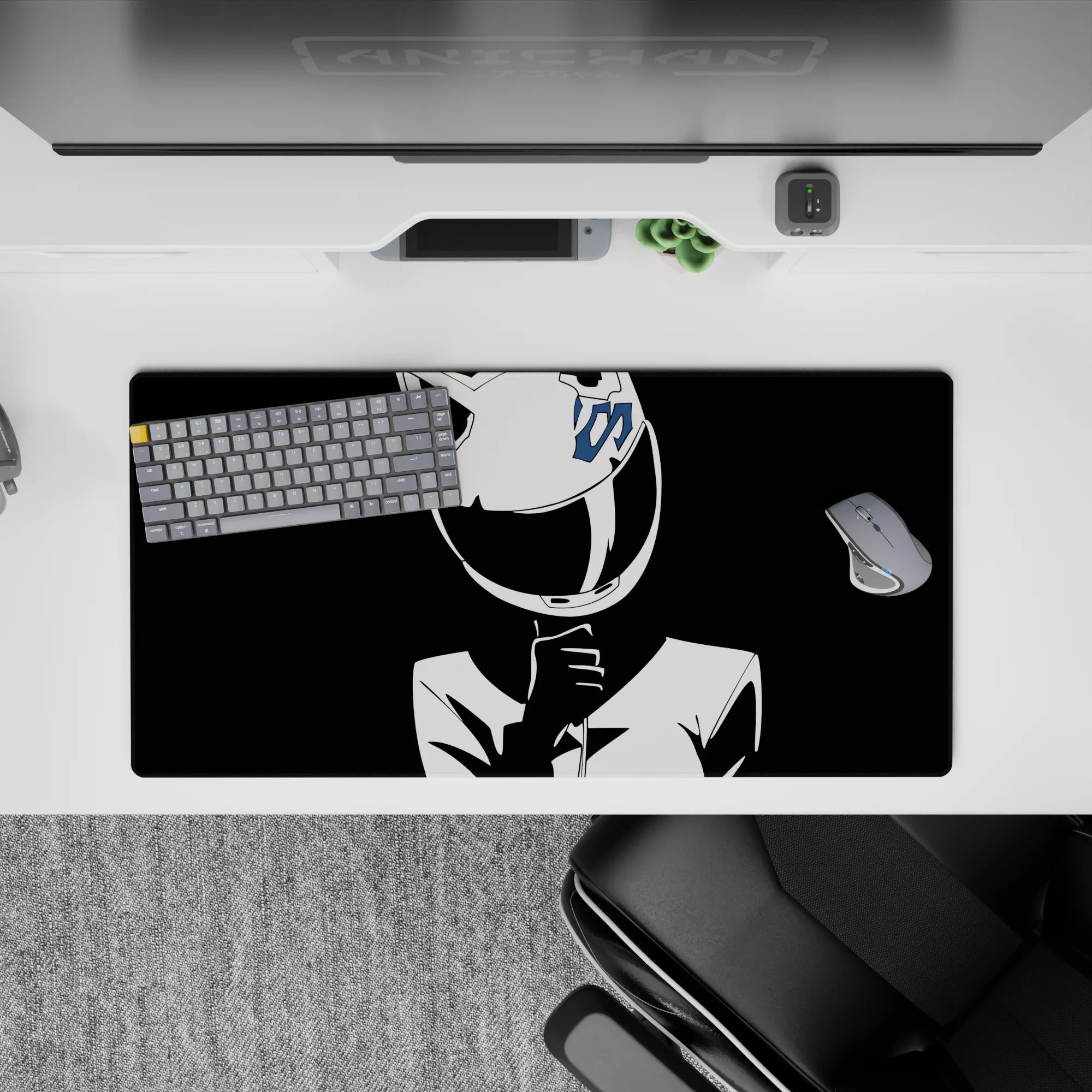 High-contrast black and white anime girl mouse pad 32x16 inches, calm daring vibe with crisp silhouette.