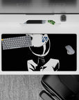 High-contrast black and white anime girl mouse pad 32x16 inches, calm daring vibe with crisp silhouette.